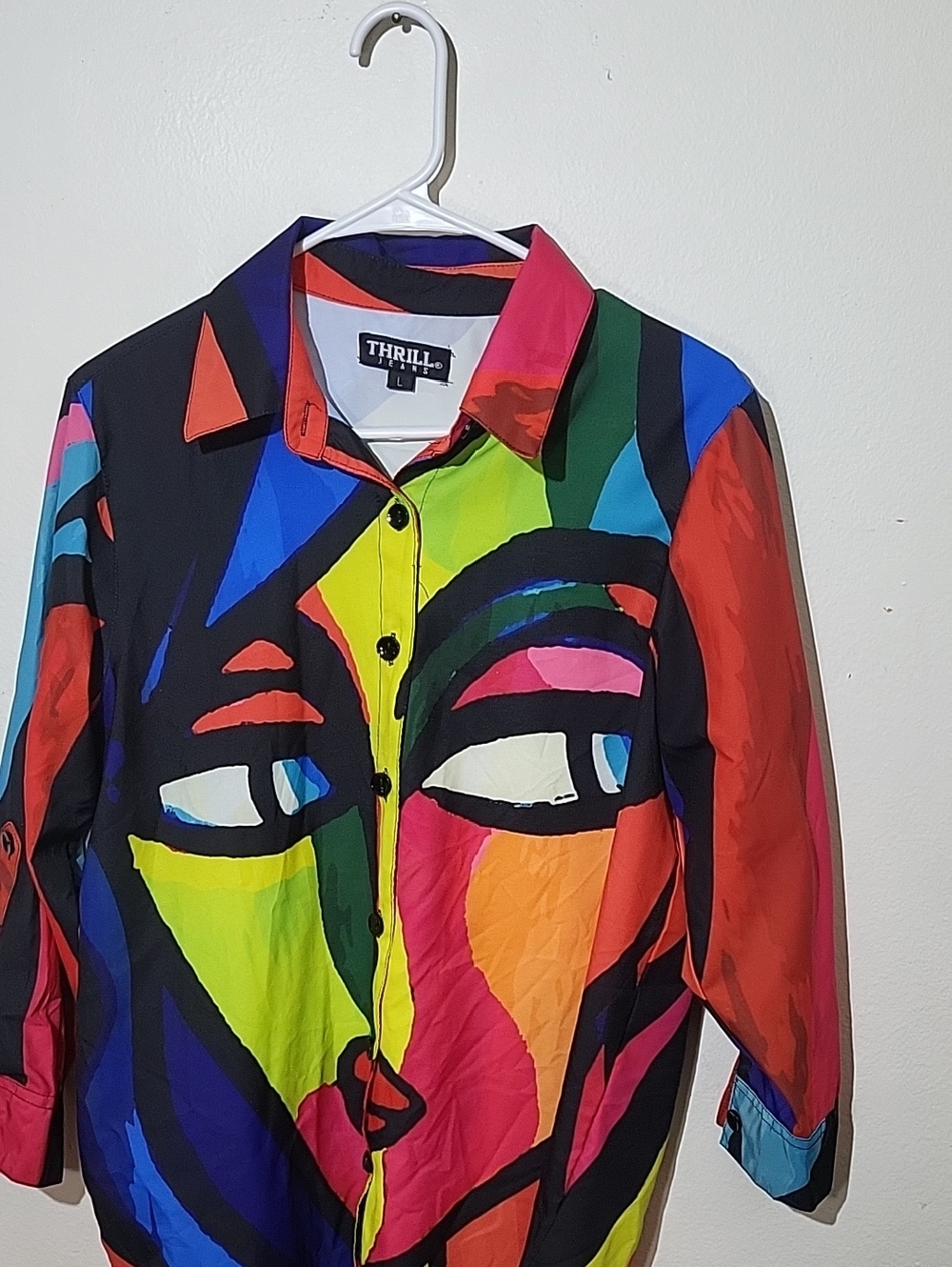 Thrill Colorblock Collared Button-Up Shirt - Pink, Orange, Black, Blue